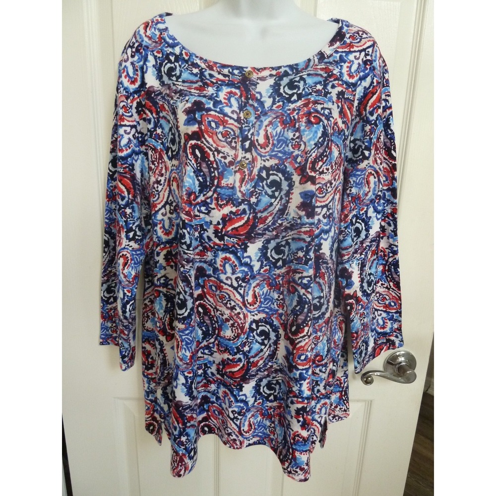 ANNE KLEIN SPORT Plus Sz 1X Cotton Pullover Tunic Top Colorful Paisley